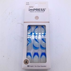 NWT imPRESS Medium Press-On Manicure Nails,  white and blue with silver glitter